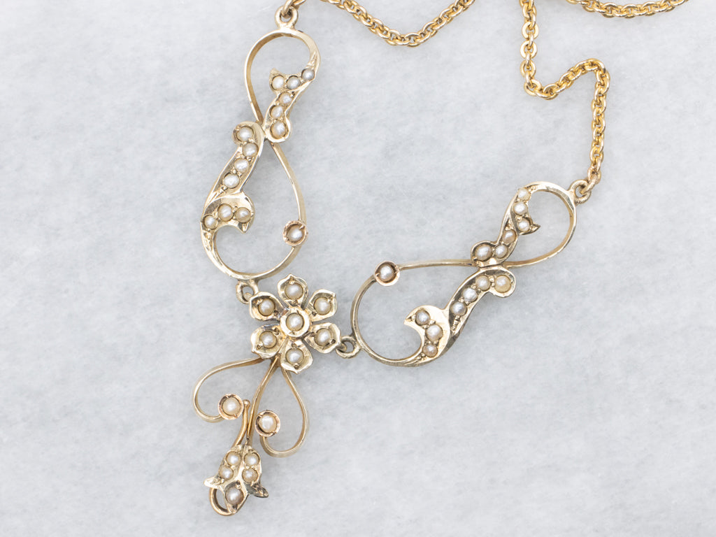 Antique Floral Seed Pearl Gold Belle Époque Necklace