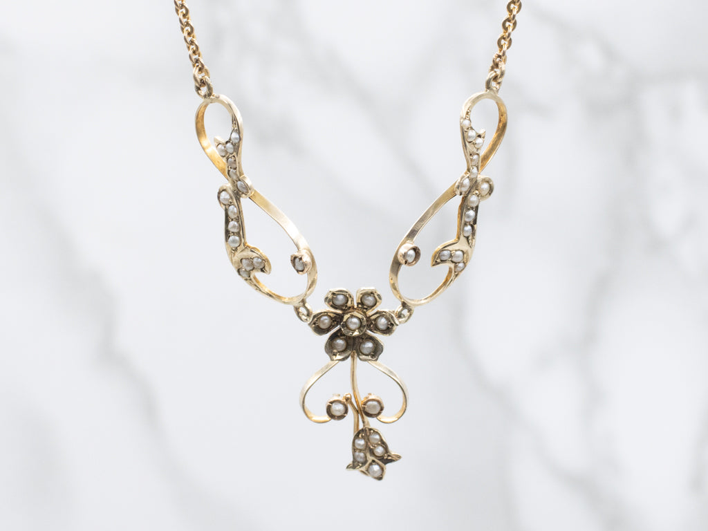 Antique Floral Seed Pearl Gold Belle Époque Necklace