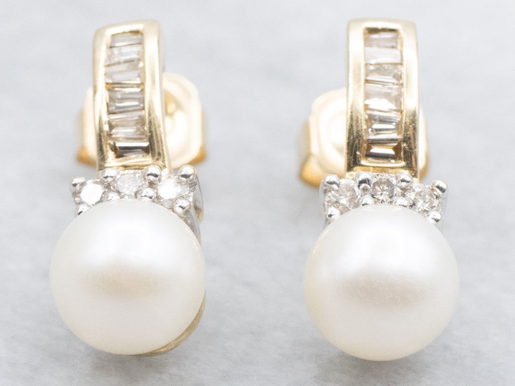 Saltwater Pearl Mix-Cut Diamond Drop Earrings