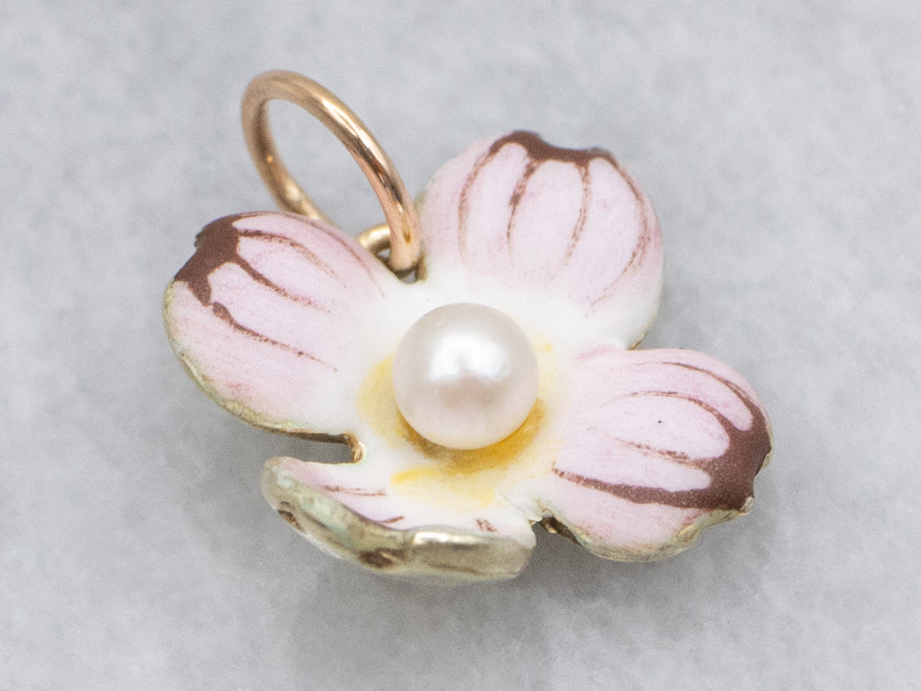 Antique Larter & Sons Enamel and Gold Pink Dogwood Flower Pendant