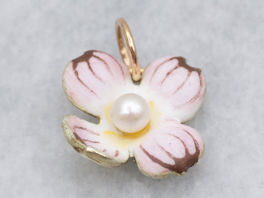 Antique Larter & Sons Enamel and Gold Pink Dogwood Flower Pendant