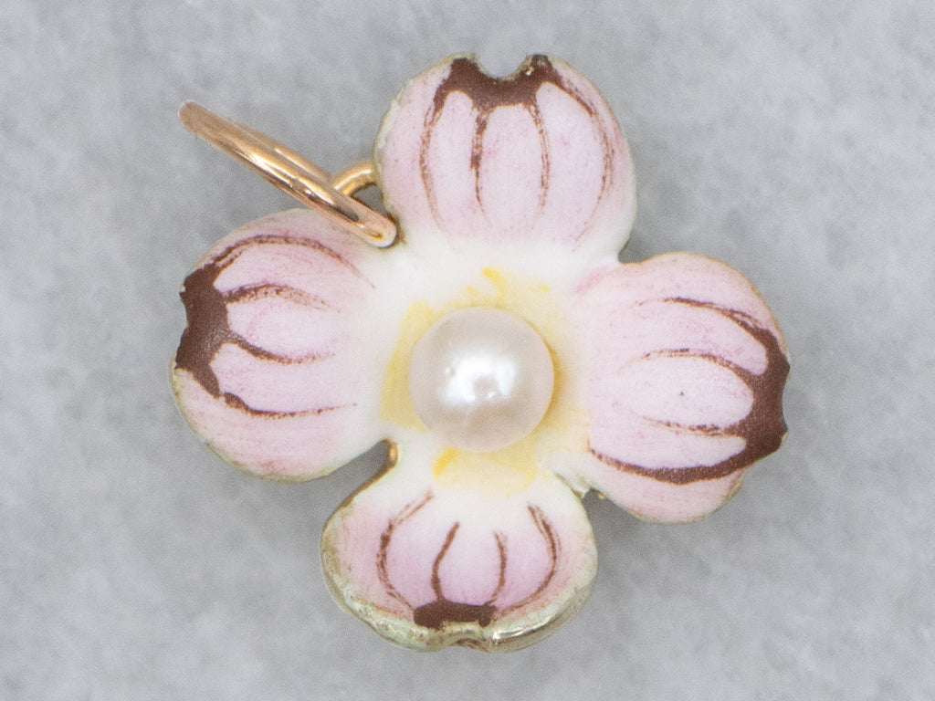 Antique Larter & Sons Enamel and Gold Pink Dogwood Flower Pendant