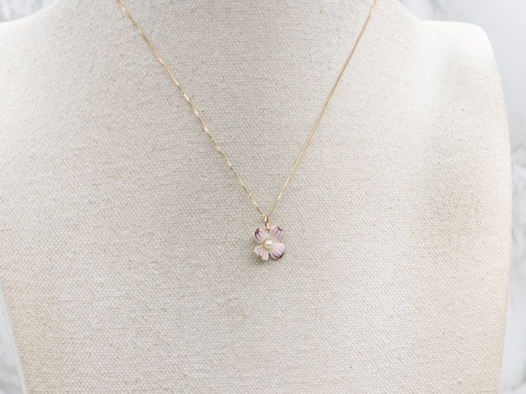 Antique Larter & Sons Enamel and Gold Pink Dogwood Flower Pendant