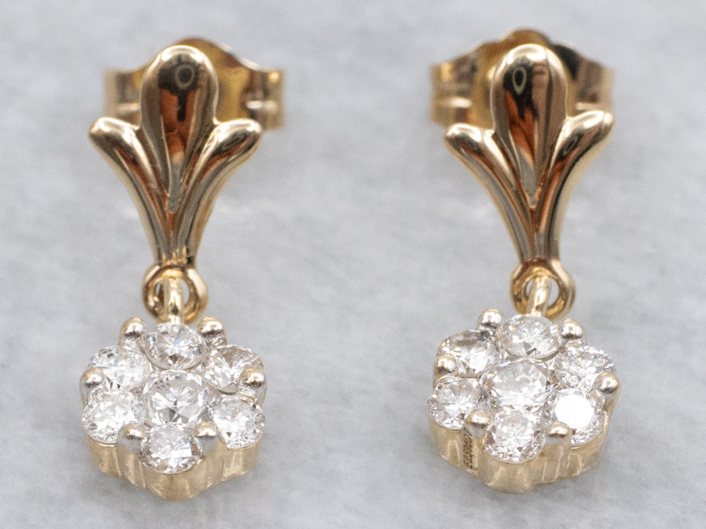 Polished Gold Diamond Cluster Drop Earrings