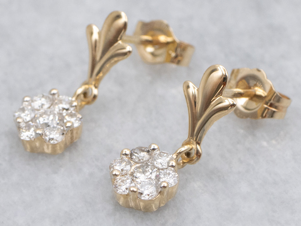 Polished Gold Diamond Cluster Drop Earrings