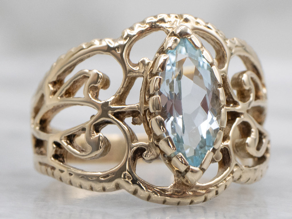 Marquise-Cut Blue Topaz and Gold Ornate Vintage Ring