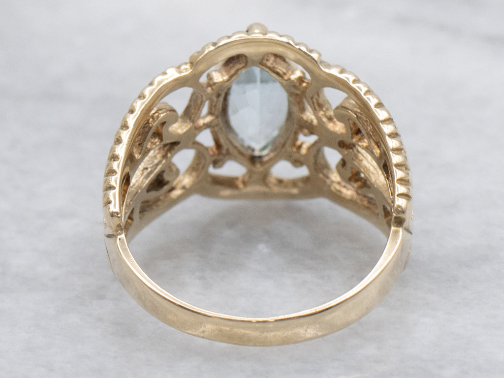 Marquise-Cut Blue Topaz and Gold Ornate Vintage Ring