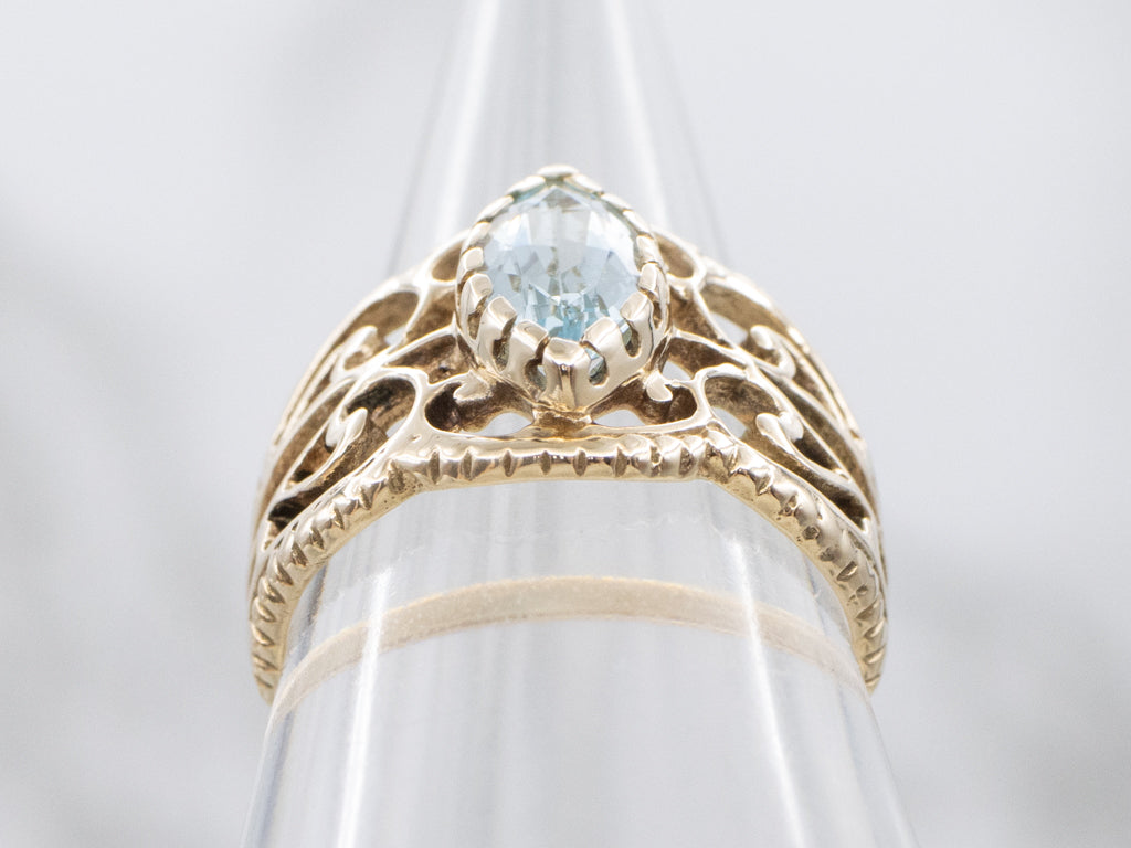 Marquise-Cut Blue Topaz and Gold Ornate Vintage Ring