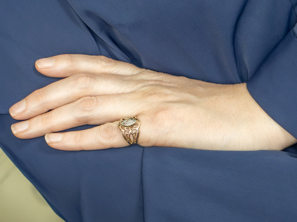 Marquise-Cut Blue Topaz and Gold Ornate Vintage Ring