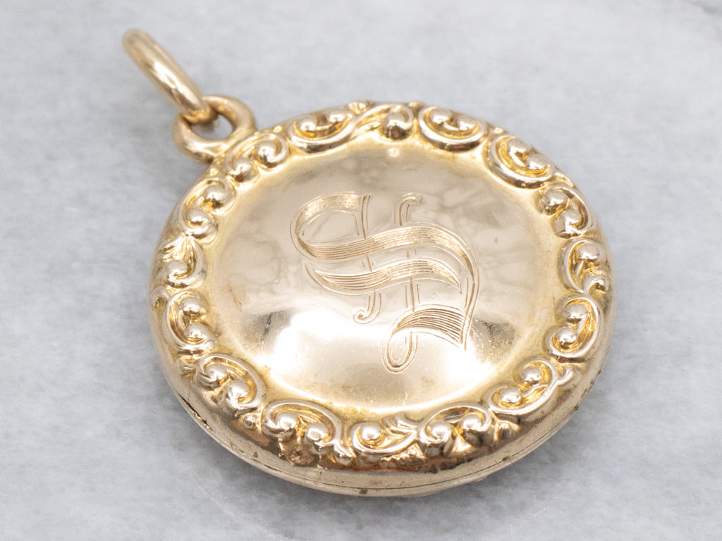 Antique Chased Gold Round Locket with Old English Monogram