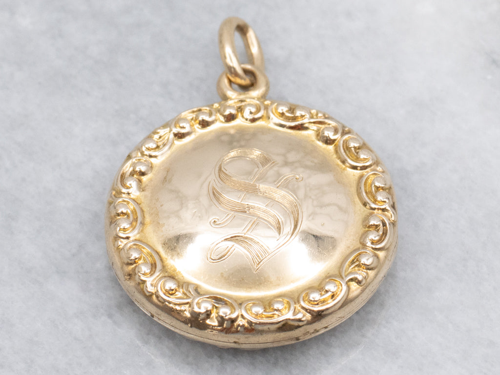 Antique Chased Gold Round Locket with Old English Monogram