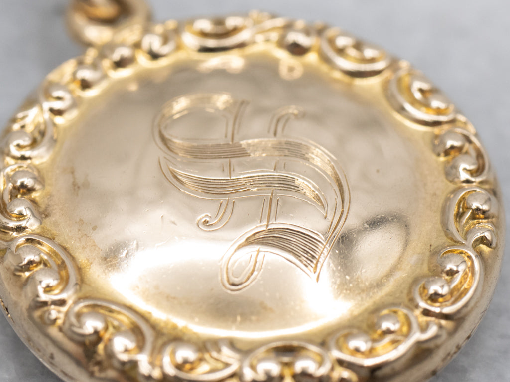 Antique Chased Gold Round Locket with Old English Monogram