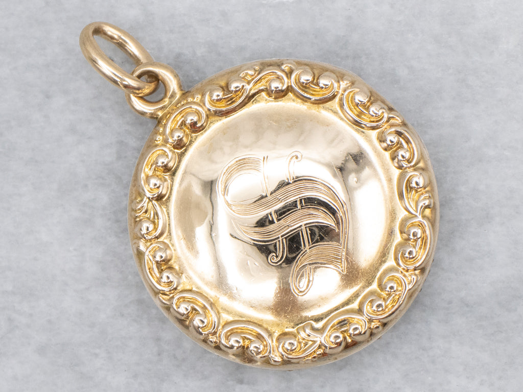 Antique Chased Gold Round Locket with Old English Monogram