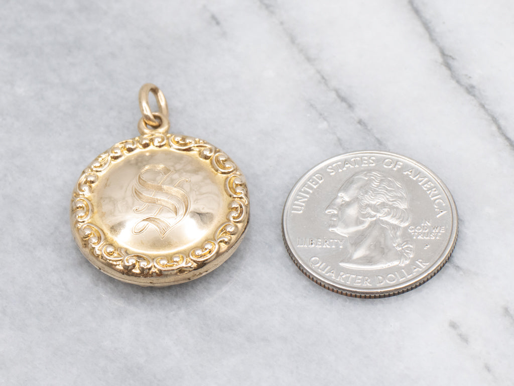 Antique Chased Gold Round Locket with Old English Monogram