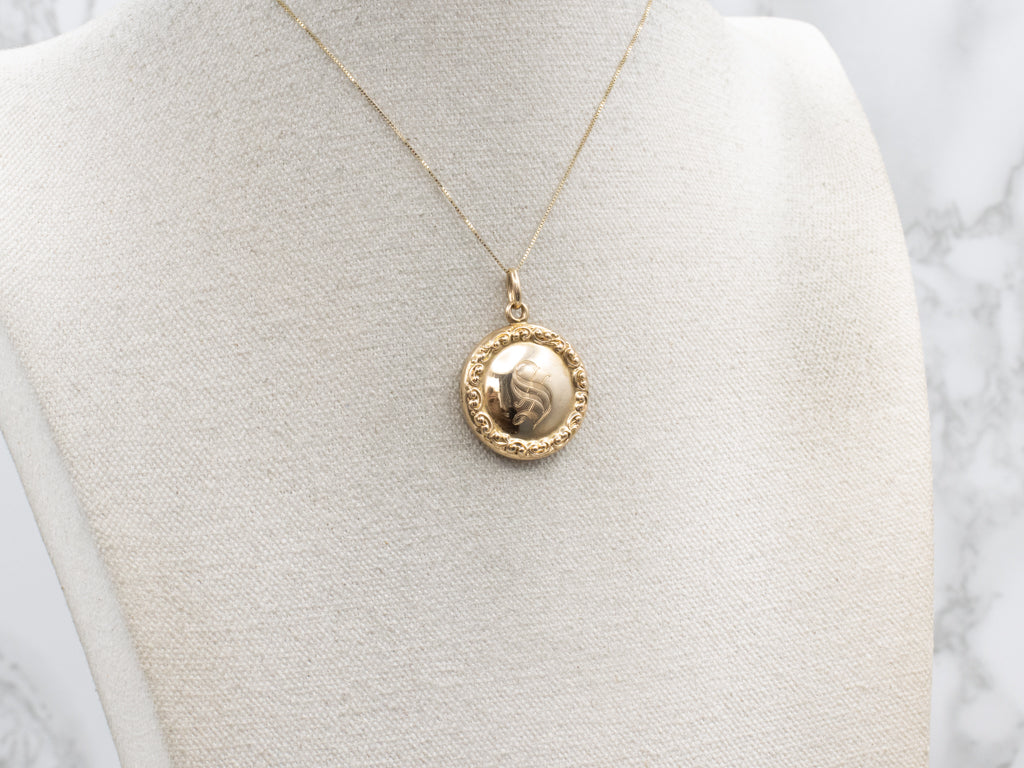 Antique Chased Gold Round Locket with Old English Monogram