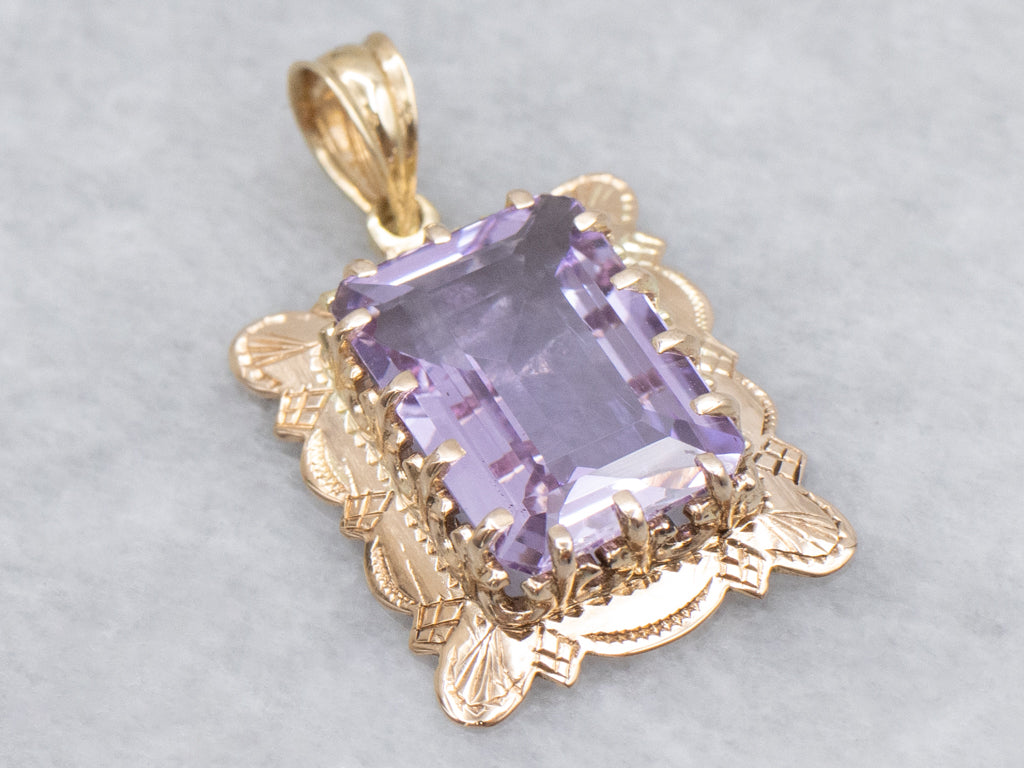Vintage Amethyst Engraved Yellow Gold Pendant