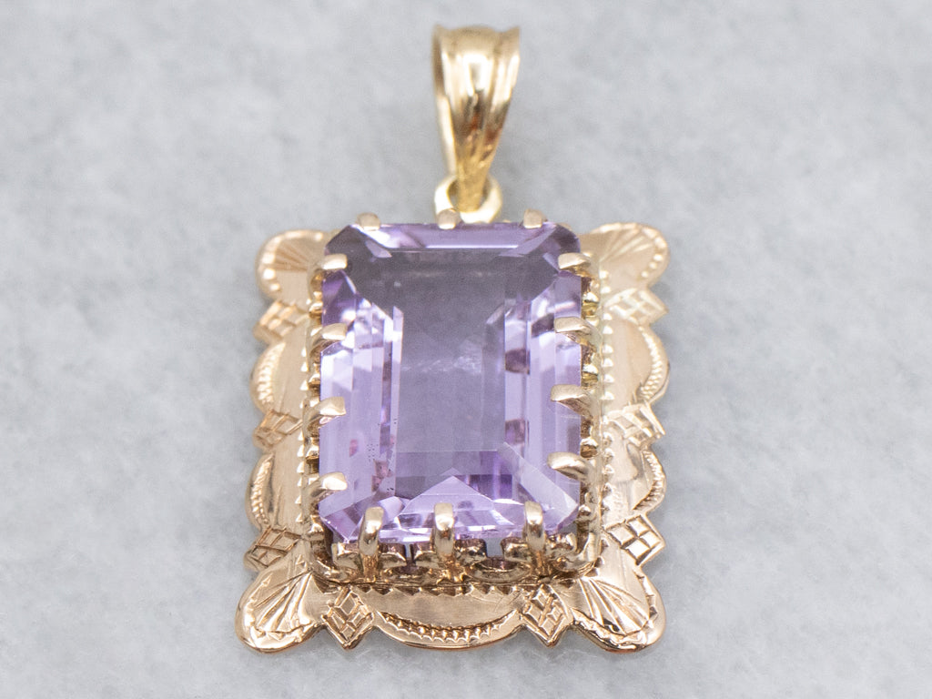 Vintage Amethyst Engraved Yellow Gold Pendant
