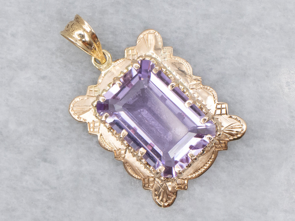 Vintage Amethyst Engraved Yellow Gold Pendant