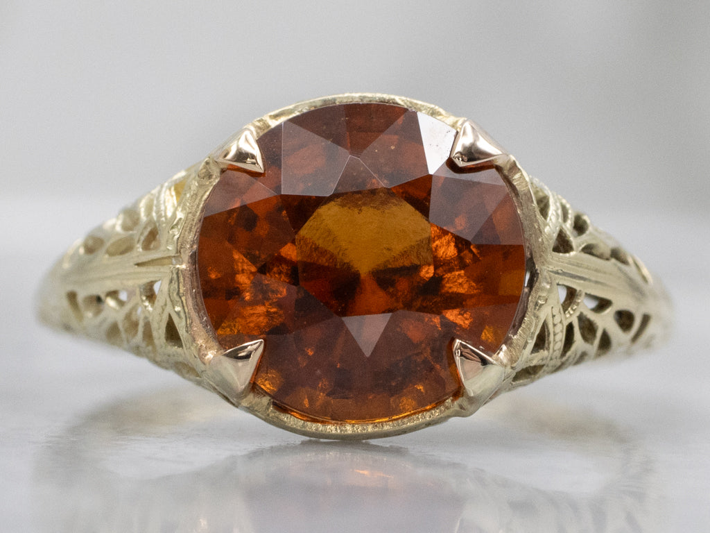 Antique Green Gold Filigree Hessonite Garnet Solitaire Ring
