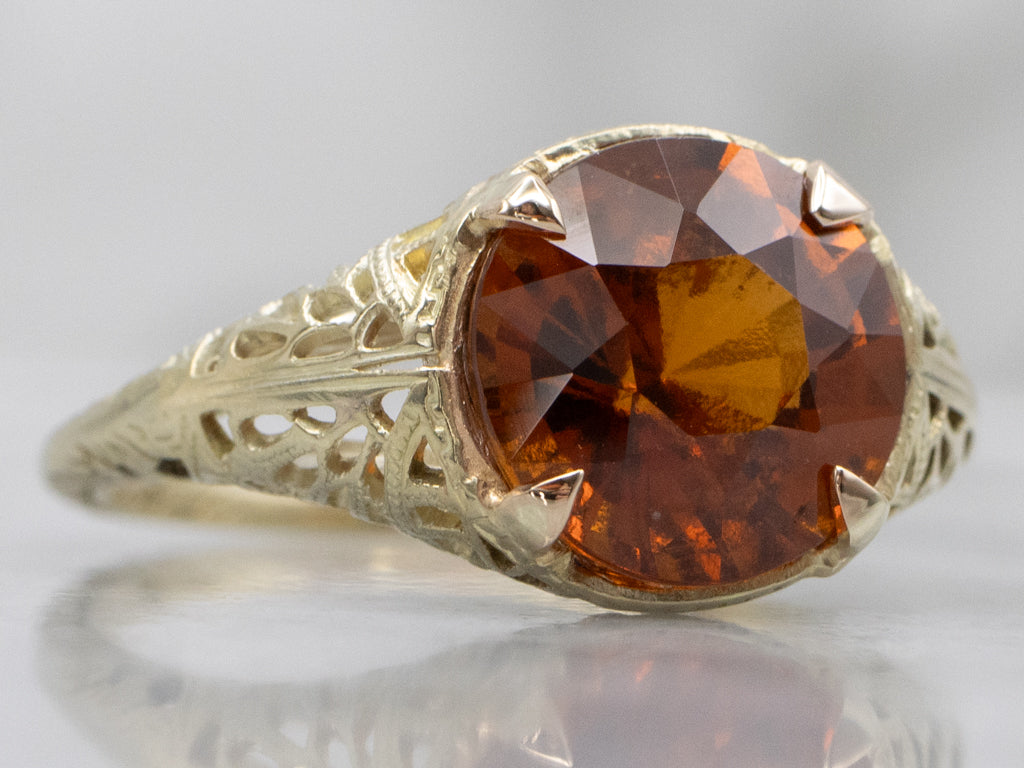 Antique Green Gold Filigree Hessonite Garnet Solitaire Ring
