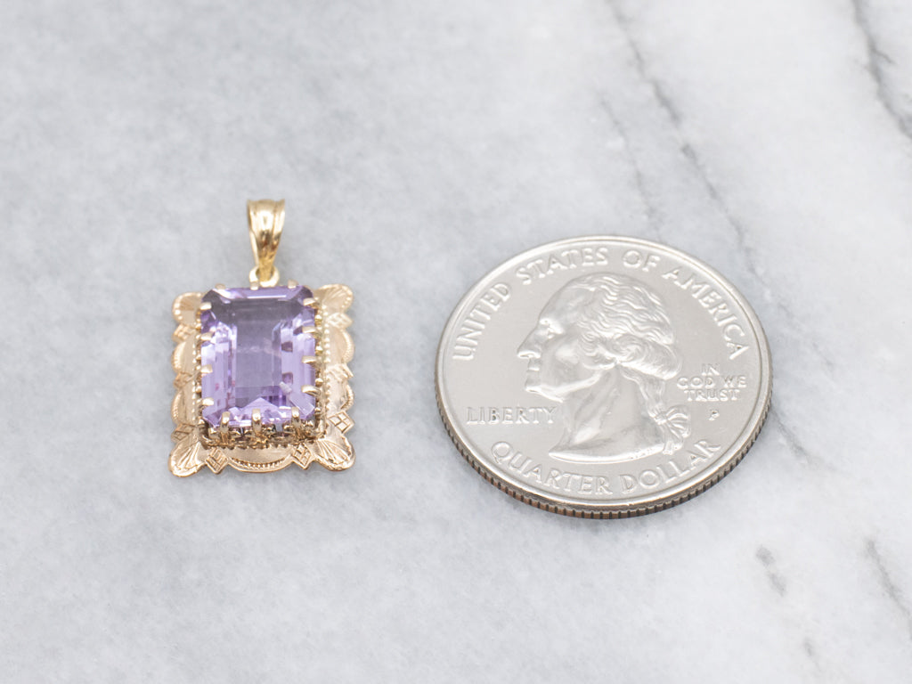 Vintage Amethyst Engraved Yellow Gold Pendant