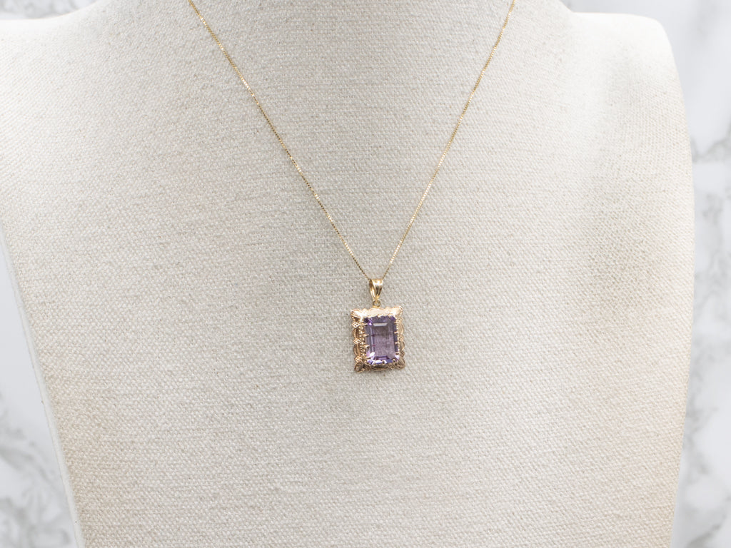Vintage Amethyst Engraved Yellow Gold Pendant