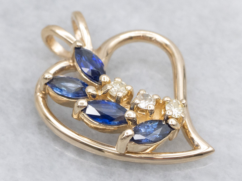 Marquise-Cut Sapphire and Diamond Gold Heart Pendant