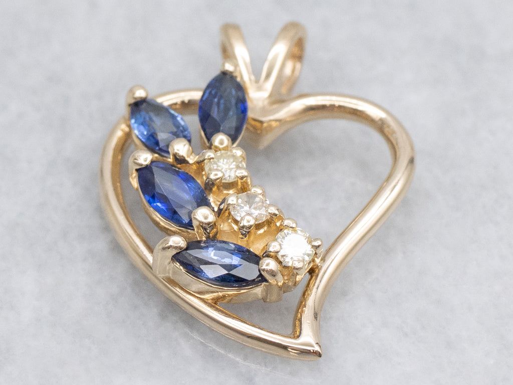 Marquise-Cut Sapphire and Diamond Gold Heart Pendant