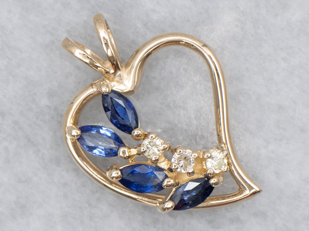 Marquise-Cut Sapphire and Diamond Gold Heart Pendant