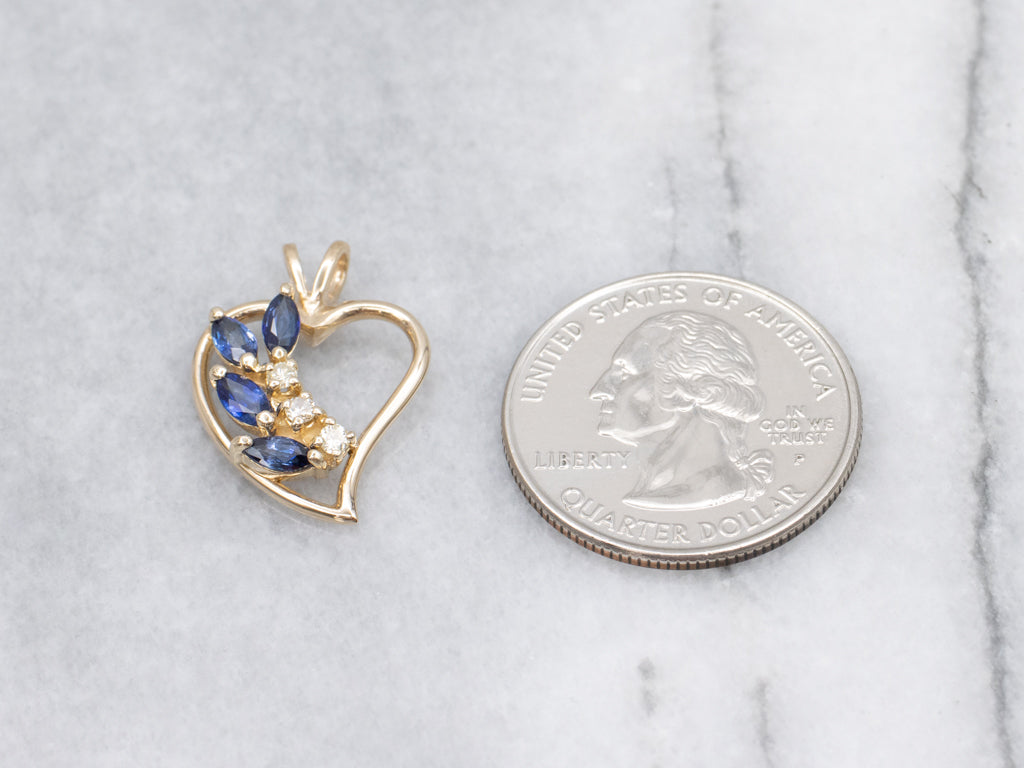 Marquise-Cut Sapphire and Diamond Gold Heart Pendant