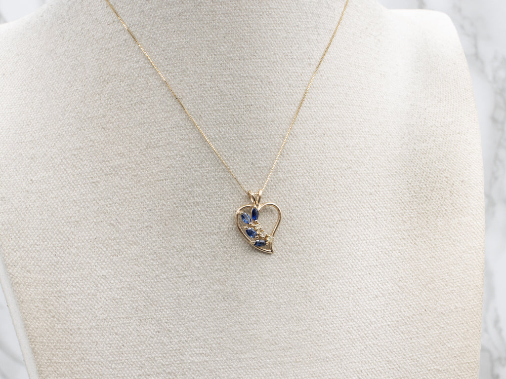 Marquise-Cut Sapphire and Diamond Gold Heart Pendant