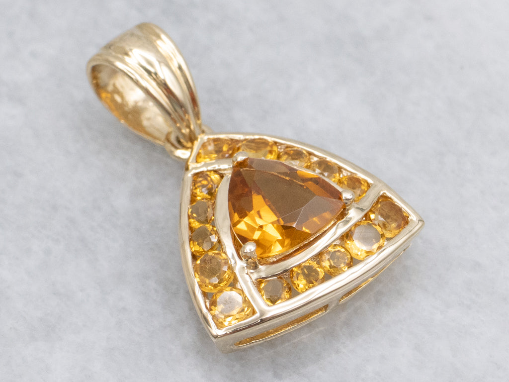 Trillion-Cut Citrine Halo and Gold Triangle Pendant