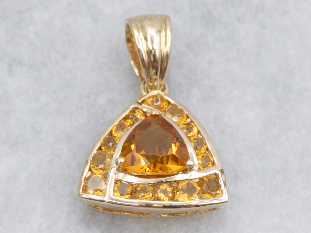 Trillion-Cut Citrine Halo and Gold Triangle Pendant