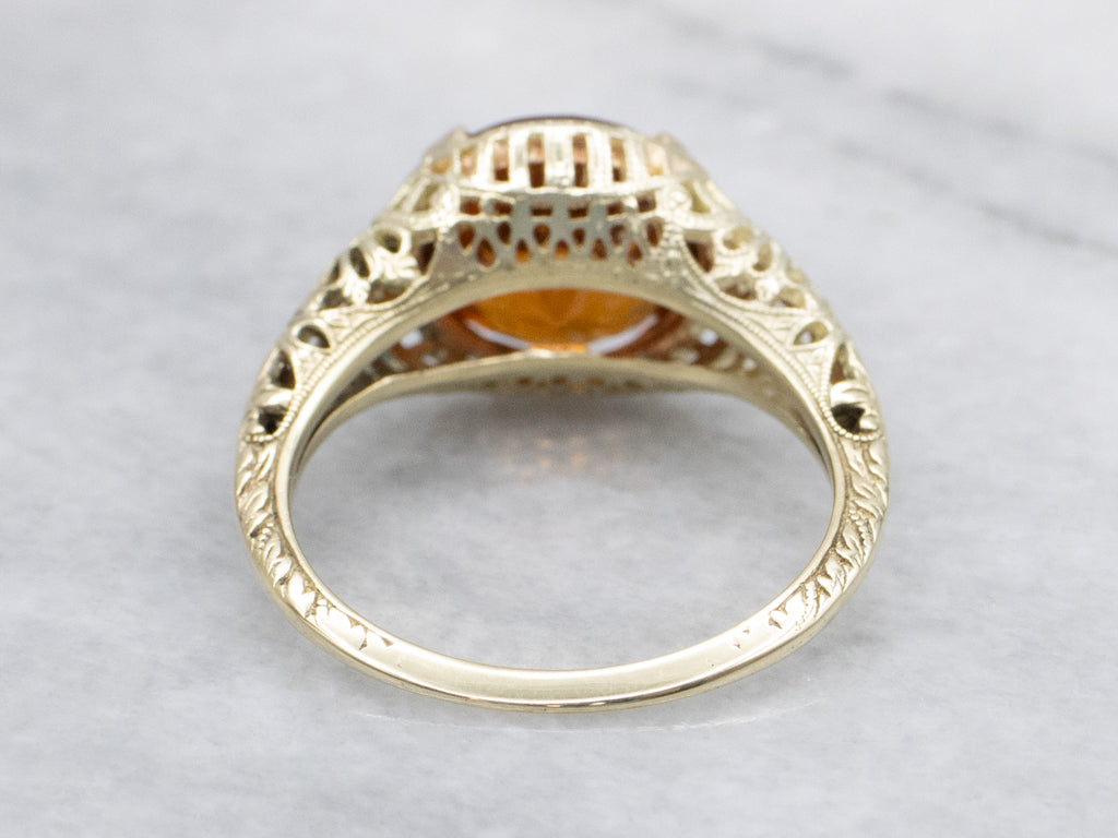 Antique Green Gold Filigree Hessonite Garnet Solitaire Ring