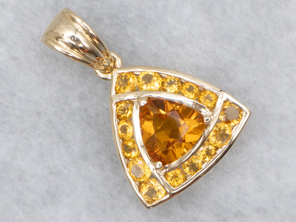 Trillion-Cut Citrine Halo and Gold Triangle Pendant