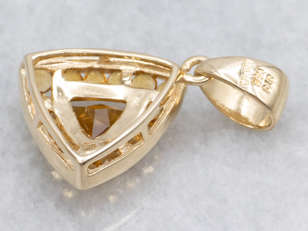 Trillion-Cut Citrine Halo and Gold Triangle Pendant