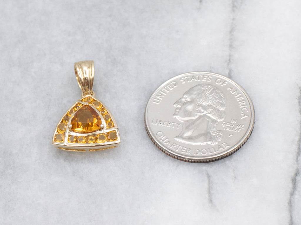 Trillion-Cut Citrine Halo and Gold Triangle Pendant