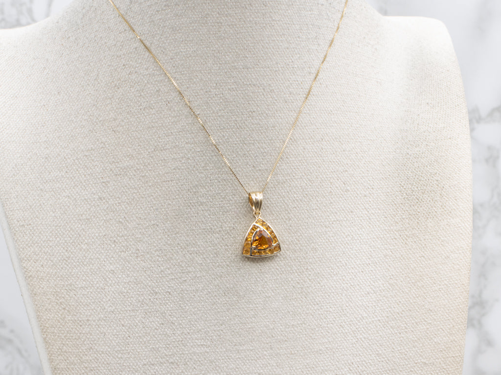 Trillion-Cut Citrine Halo and Gold Triangle Pendant