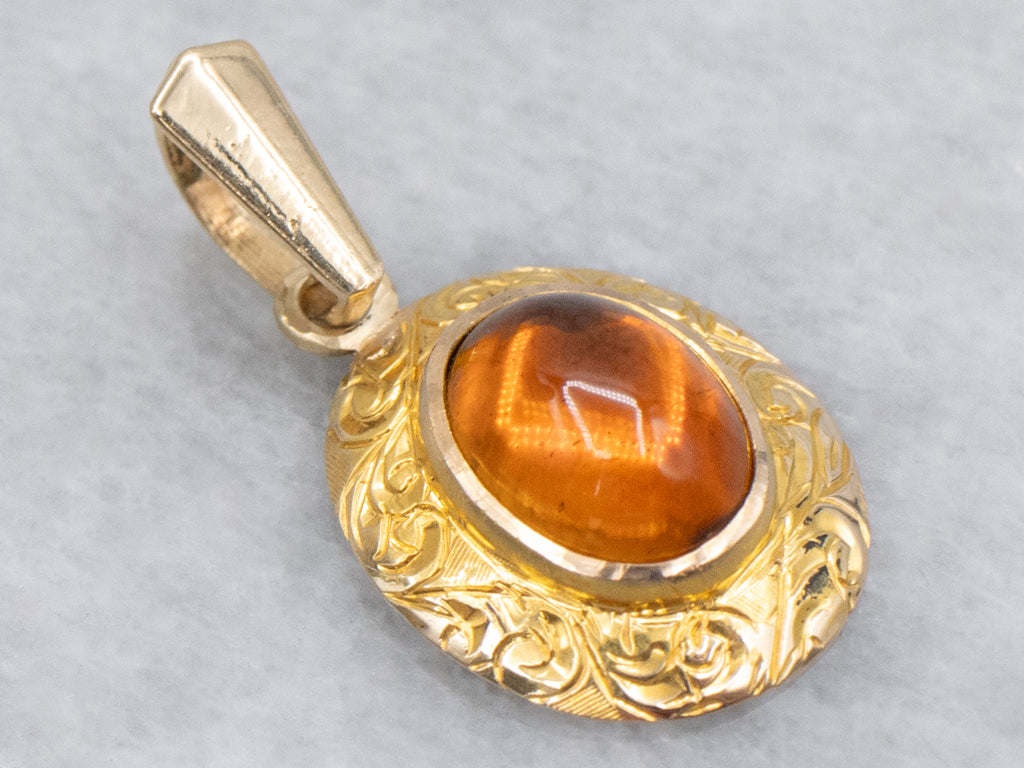 Antique Engraved Gold Amber Cabochon Pendant