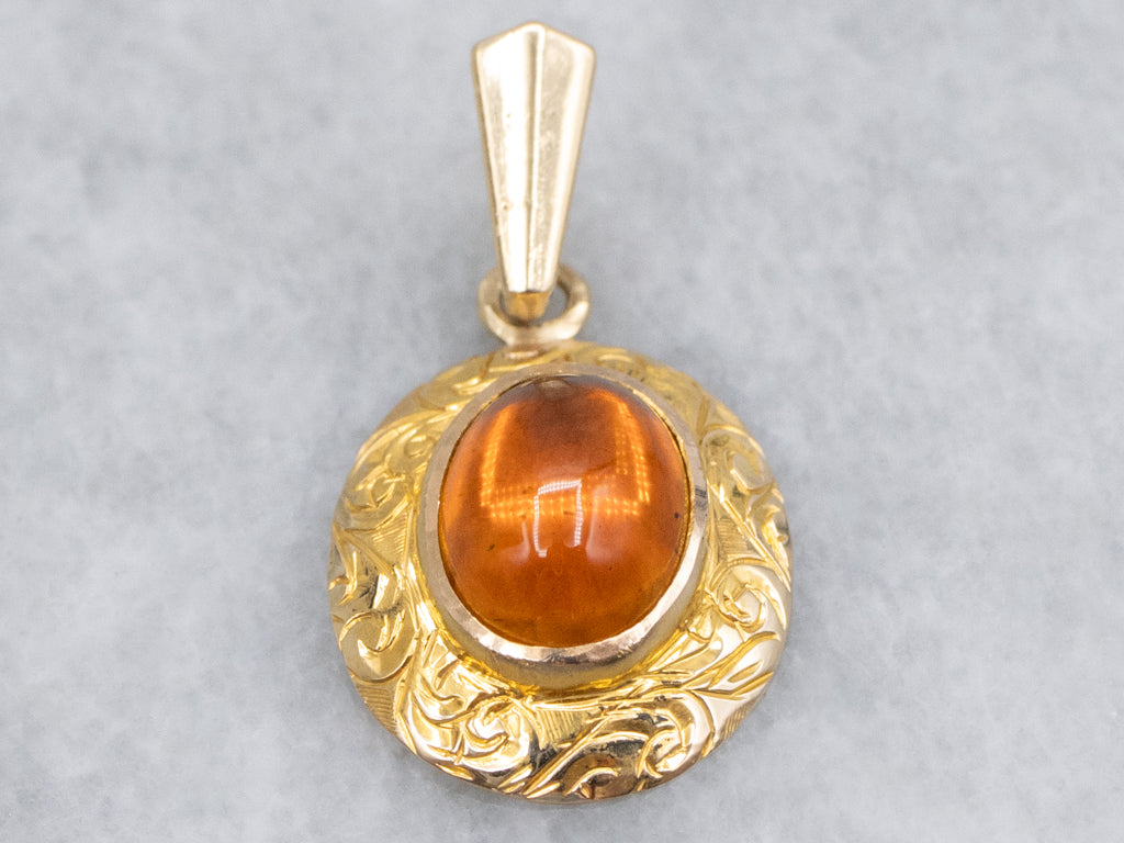Antique Engraved Gold Amber Cabochon Pendant
