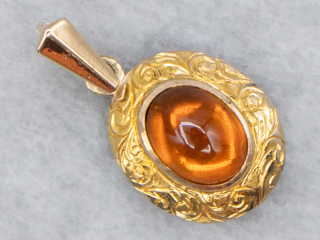 Antique Engraved Gold Amber Cabochon Pendant