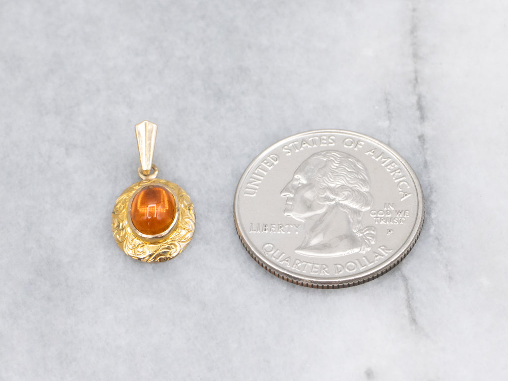 Antique Engraved Gold Amber Cabochon Pendant