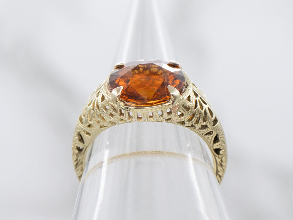 Antique Green Gold Filigree Hessonite Garnet Solitaire Ring