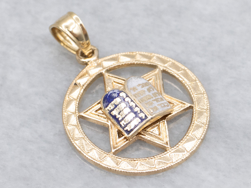 Gold and Enamel Star of David Engraved Unisex Pendant
