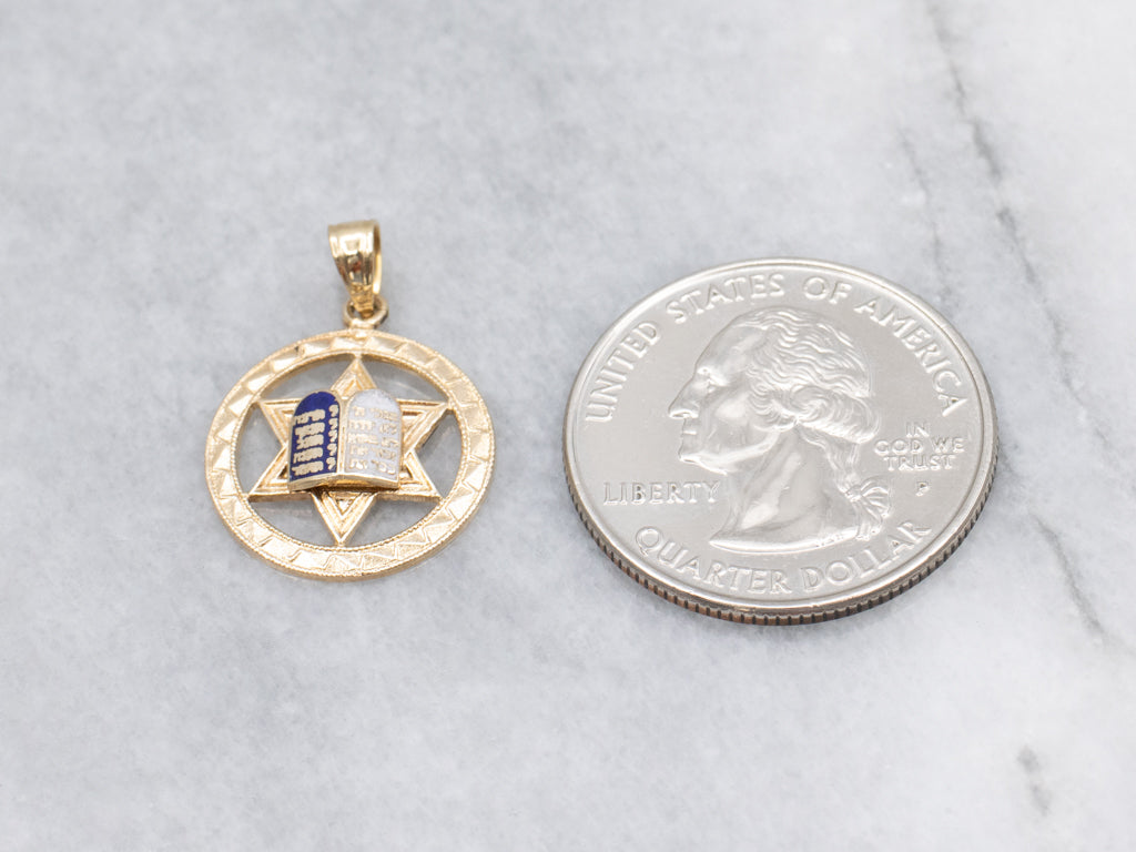 Gold and Enamel Star of David Engraved Unisex Pendant