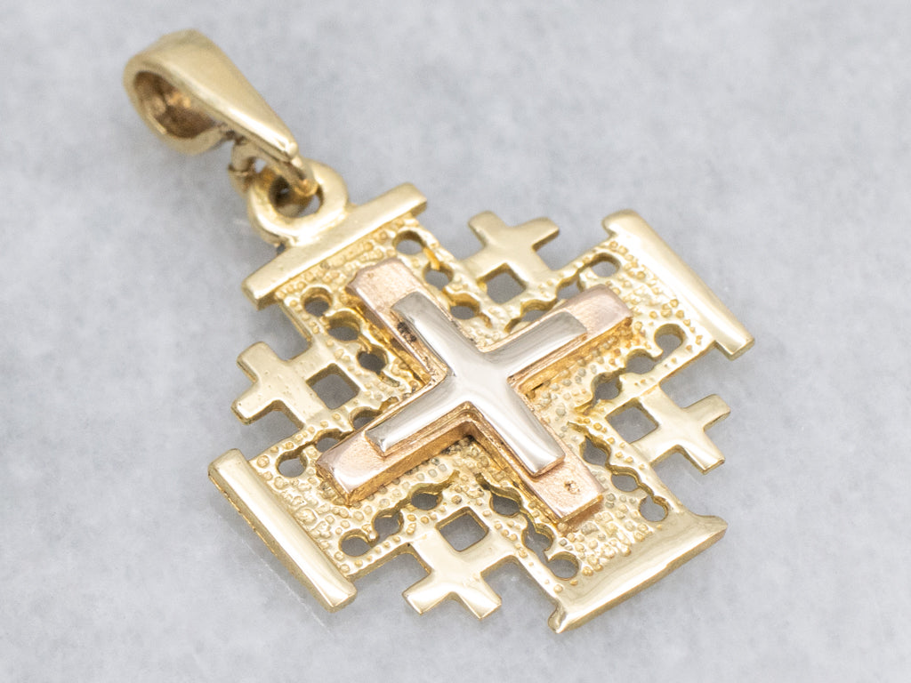 Tri-Color 18-Karat Gold Jerusalem Cross Pendant