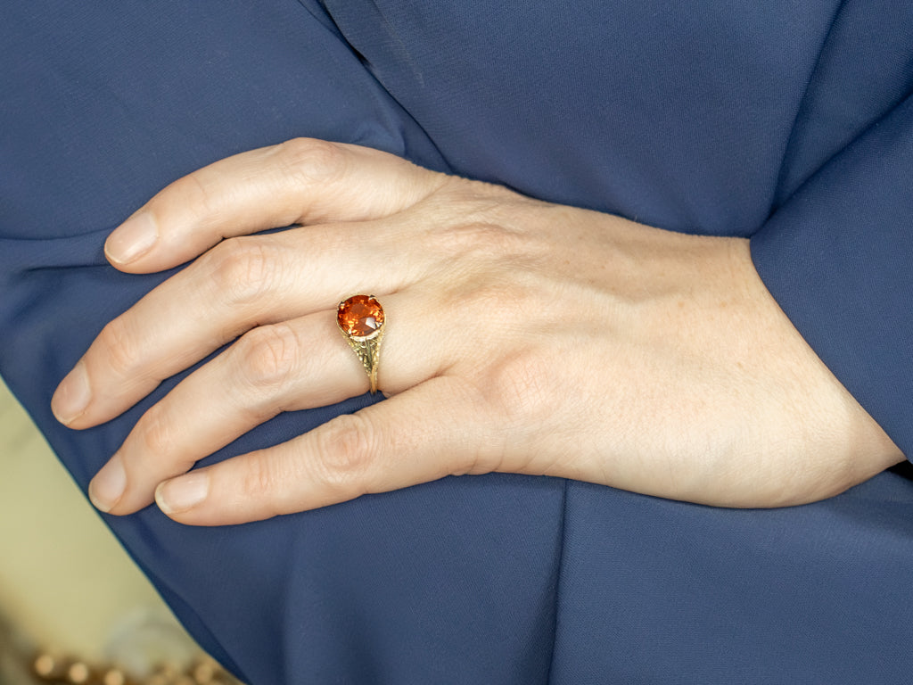 Antique Green Gold Filigree Hessonite Garnet Solitaire Ring
