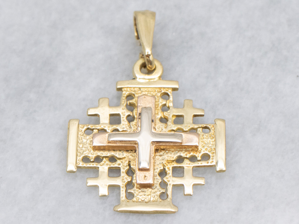 Tri-Color 18-Karat Gold Jerusalem Cross Pendant