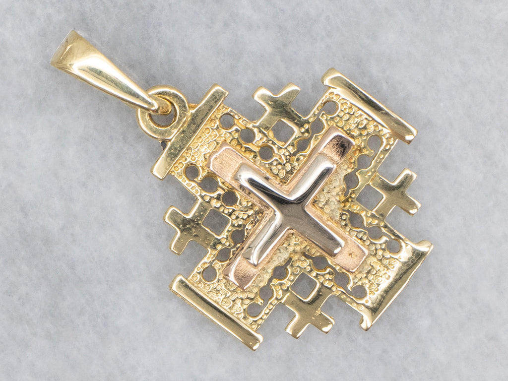 Tri-Color 18-Karat Gold Jerusalem Cross Pendant