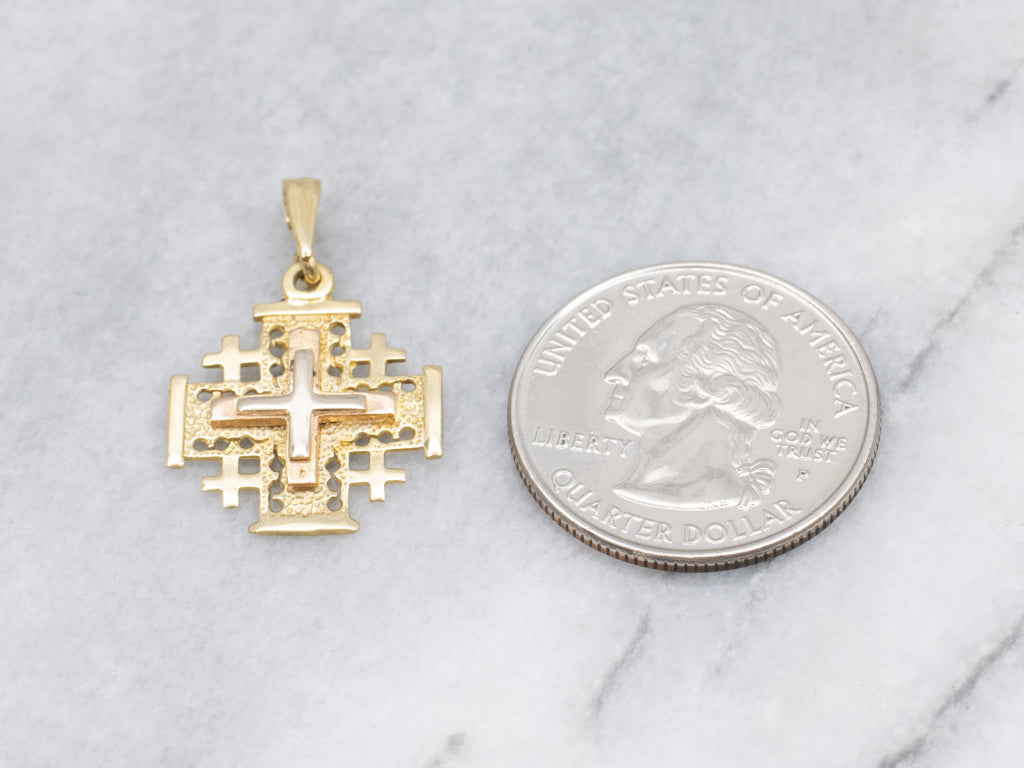 Tri-Color 18-Karat Gold Jerusalem Cross Pendant